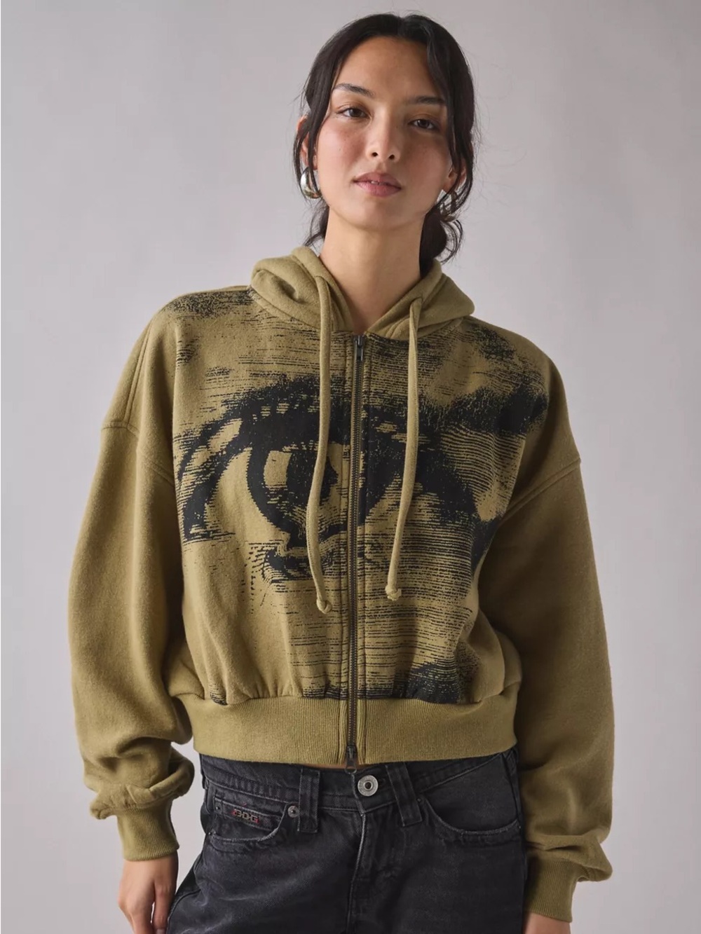BDG Urban Outfitters Olive Green Delaney Eye Graphic Crop Zip Hoodie Sweatshirt